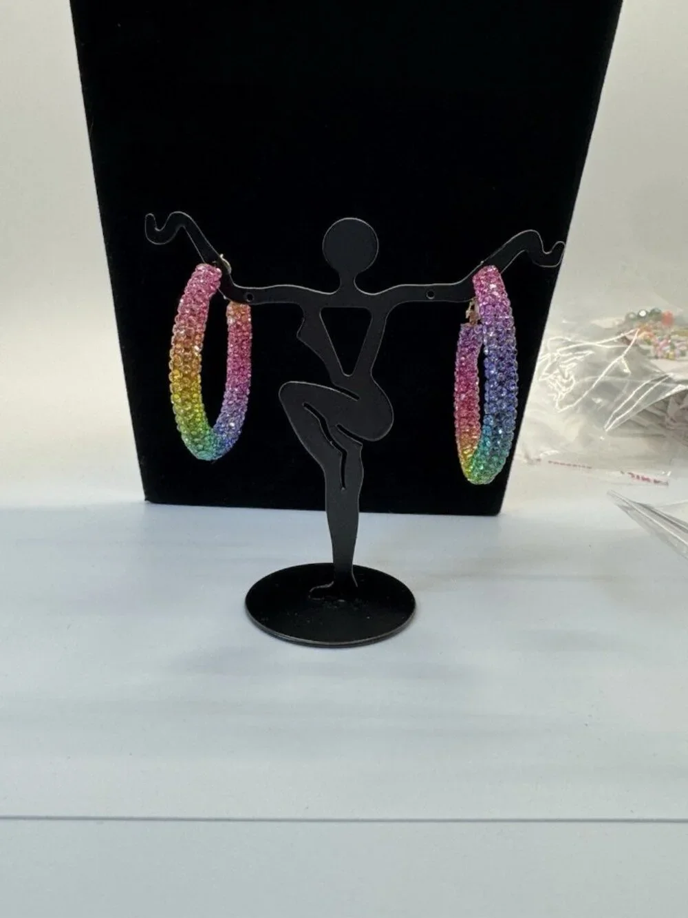 Rainbow Rhinestone Pave’ Hoop Earrings Multicolor Large Statement Dangle